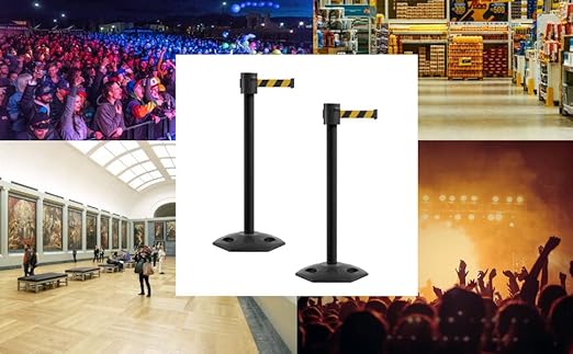 Montour Line MSR760 Set of 2 Retractable Belt Barrier Stanchion, Rubber Base, Black Powder Coated Post (35 ft Fluorescent Pink Belt)