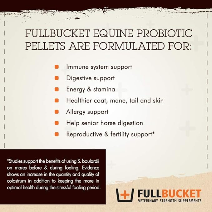 FullBucket Equine Probiotic Pellets with Saccharomyces boulardii for Horses Under High Stress or for Horses with Ongoing Digestive Issues; 20x More Concentrated and 50 Billion CFUs - 30 Servings