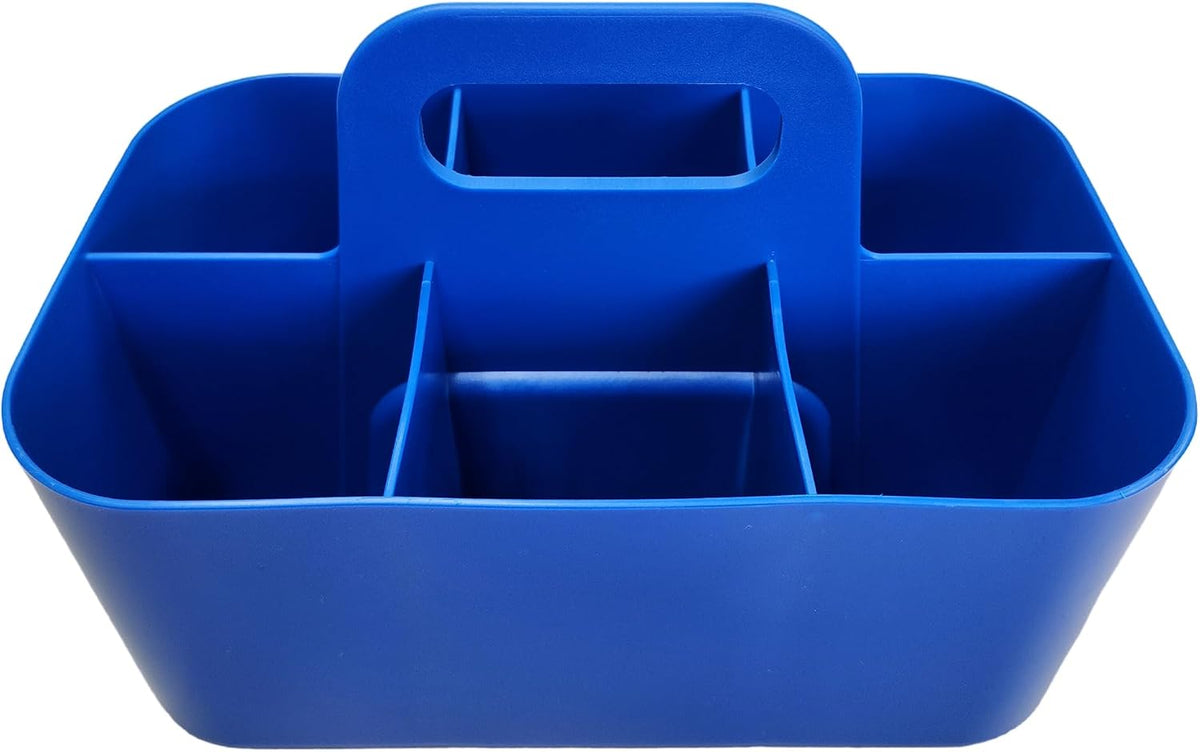 Small Stackable Plastic Caddy with Handle 6 Compartment | Desk, Makeup, Dorm Caddy, Classroom Art Organizers - 4 Pack, Made In USA (Blue)