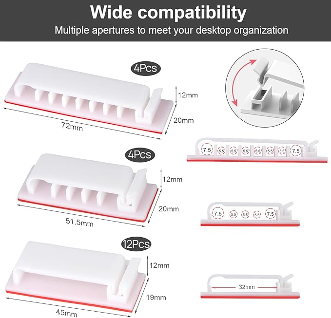 Cable Management Clips, 20Pcs Cable Organizers Wire Clips Cord Holder for TV PC Ethernet Cable Desk Home Office (White)