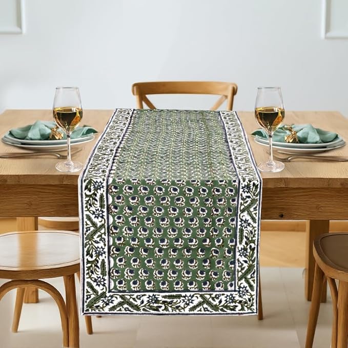Basil Green Hand Block Print 100% Cotton Table Runner 16x70 Inch | Perfect