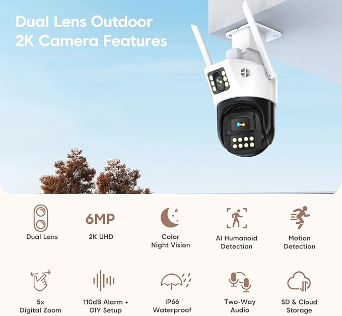 VSTARCAM Dual Lens Outdoor Security Camera, 2K UHD WiFi Camera for Home Security with Auto Tracking & Fixed View, Full Color Night Vision, PIR Motion Detection, 2-Way Audio, IP66, SD/Cloud Storage