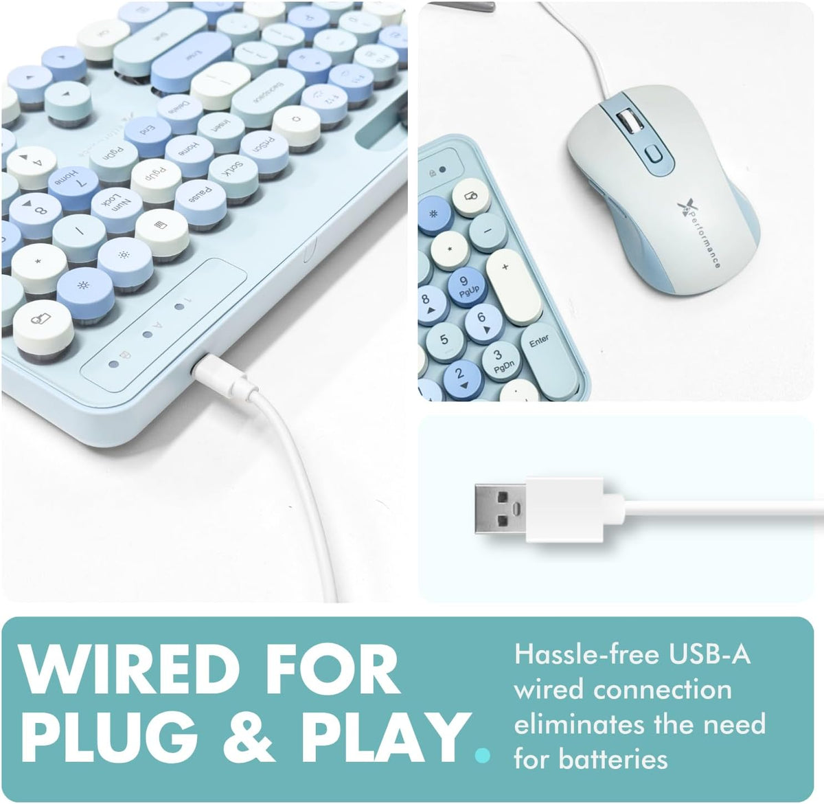 X9 Wired Keyboard and Mouse Combo with Backlight - Retro Typewriter Round Keycaps, Phone/Tablet Dock, 109 Fullsize Keys, Cute Colorful Blue Keyboard, Pastel Keyboard for Laptop, PC and Chromebook