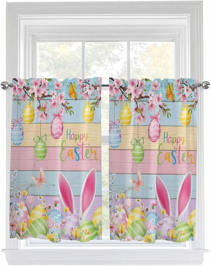 Colorful Easter Kitchen Curtains 45 Inches length, Spring Watercolor Bunny Egg