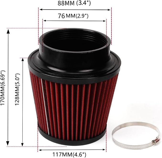 Red 3" 76mm Inlet Cone Replacement Dry Air Filter High Flow Car Performance