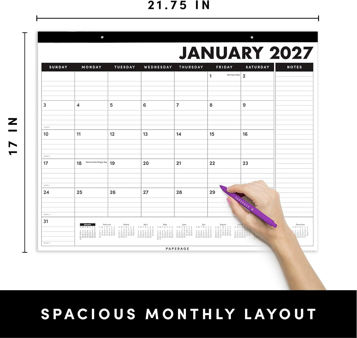 PAPERAGE 2027 Calendar, 12 Months (January 2027 - December 2027), Large (17 in x 22 in), Minimalist Wall and Desk Calendar with Monthly Views, Yearly Plans & Notes Section – Black