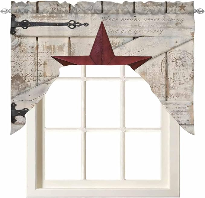 Village Stars Swag Kitchen Curtains Valance and Tier Set, Vintage Dark Red Star