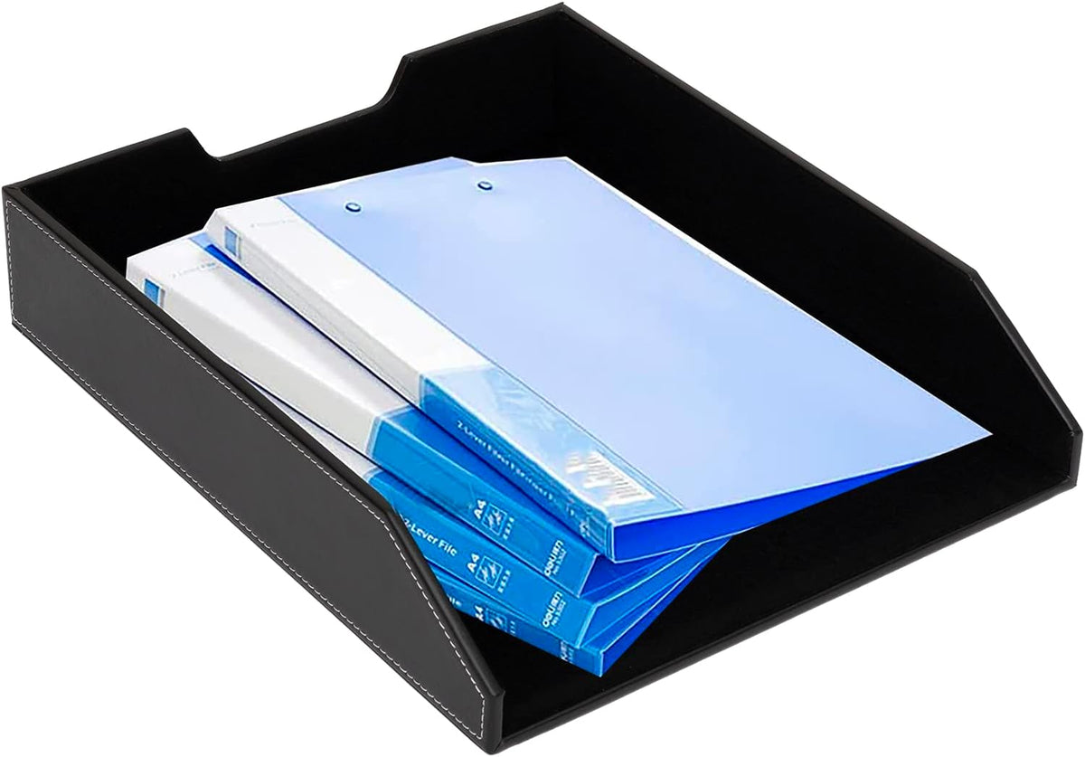 6 Piece Office Supplies/Desk Organizer Set with Desktop Leather Writing Pad,File Paper Tray,Magazine folder Holder, Pen Cup,Sticky Note Holder,Letter Mail Sorter,Workspace Decor for Women Men Black