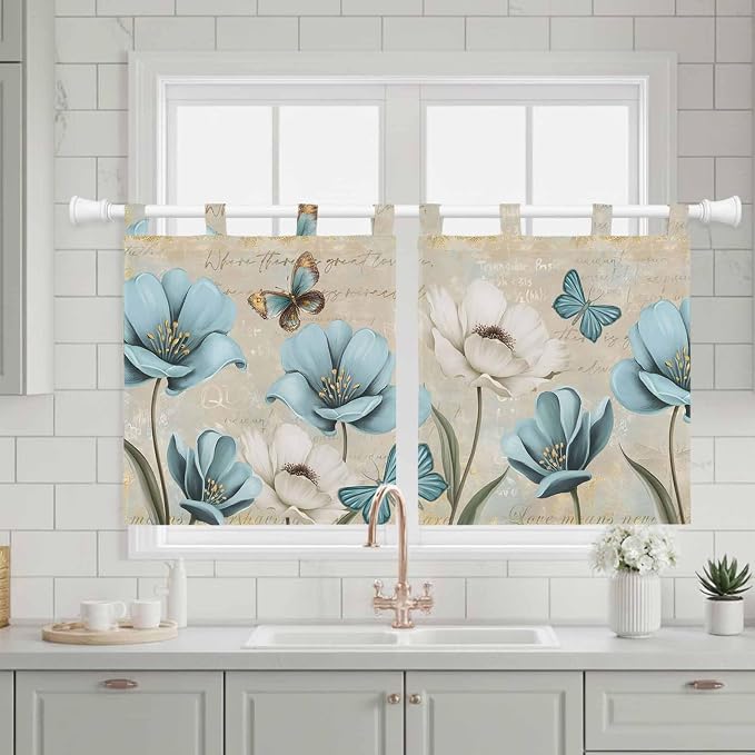 Spring Flowers Kitchen Curtains 24 Inch Length, Small Window Curtains Tab Top