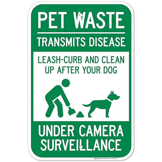 Pet Waste Leash-Curb and Clean Up After Your Dog Under Camera Surveillance Sign, 12x18 Inches, Rust Free .063 Aluminum, Fade Resistant, Made in USA