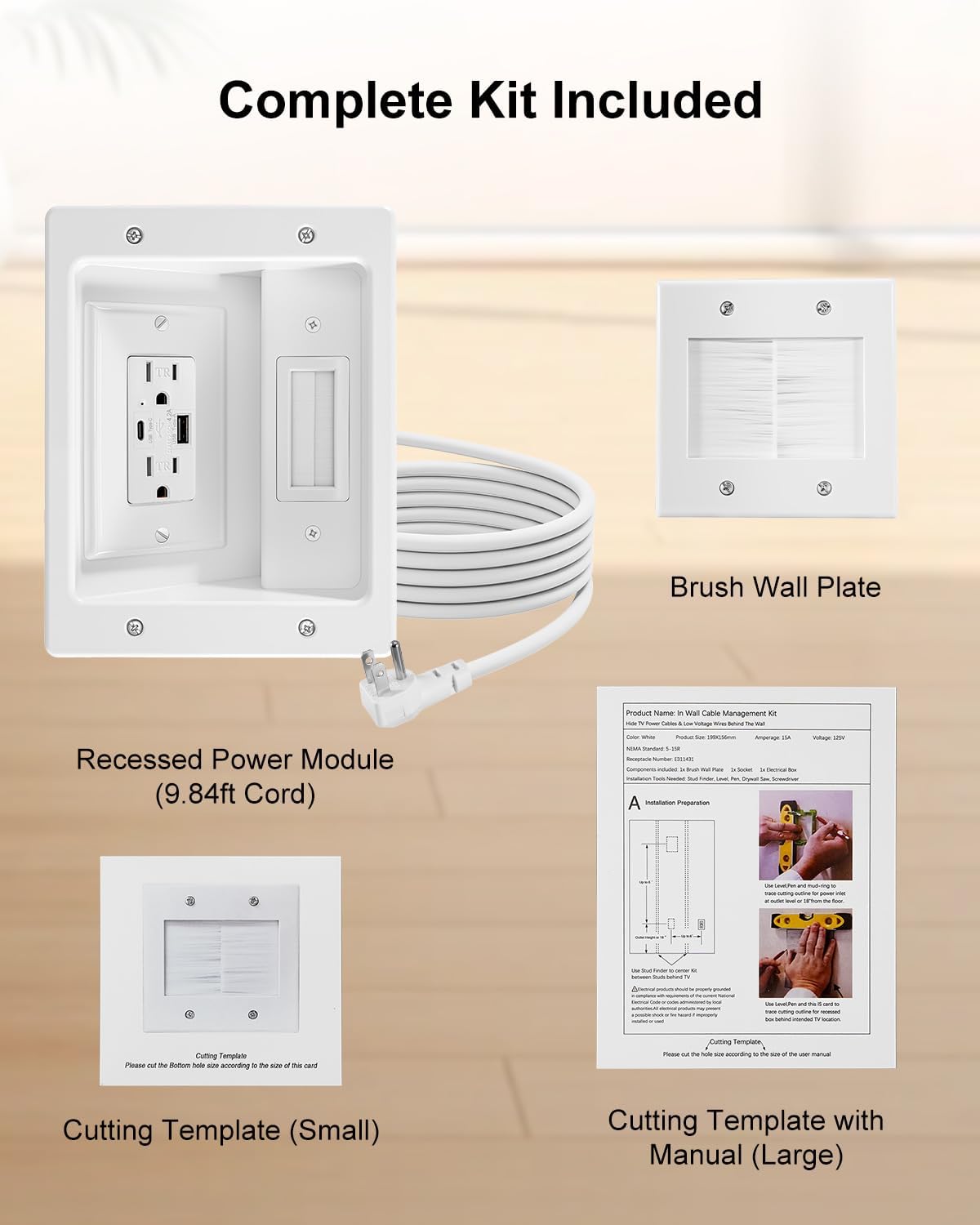 in-Wall Cable Management Kit (2AC + USB-A + USB C), 9.84ft Cord