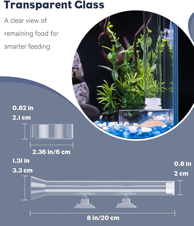 Pawfly 8 Inch Aquarium Shrimp Feeder Set, Clear Glass Tube with 2 Dishes & Suction Cups, Feeding Supplies for Fish Tanks