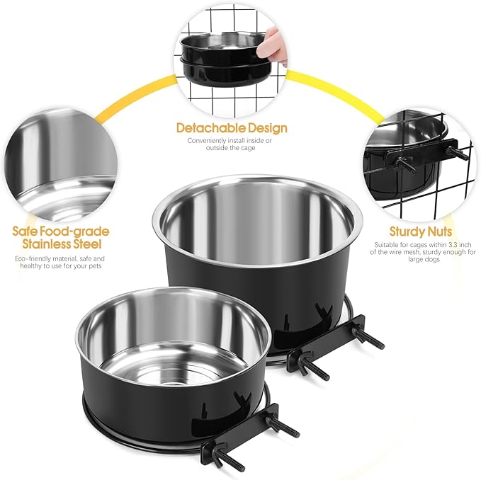 2 Pcs Black Large Pet Dog Food Water Bowl for Cage Stainless Steel Non-Spill Kennel Hanging Cats Bowls with Clamp Holder Crate Feeder Dish for Medium Large Dogs Huge Pets (7.1x3.5'' & 6.3x2.6'')