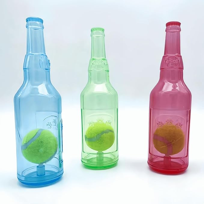 Cute Tough Dog Toy Rubber Bottle Squeaky Dogs Chew Toy Long Lasting Interactive Fetch Toy for Teething Tennis Ball Included (Green, Large)