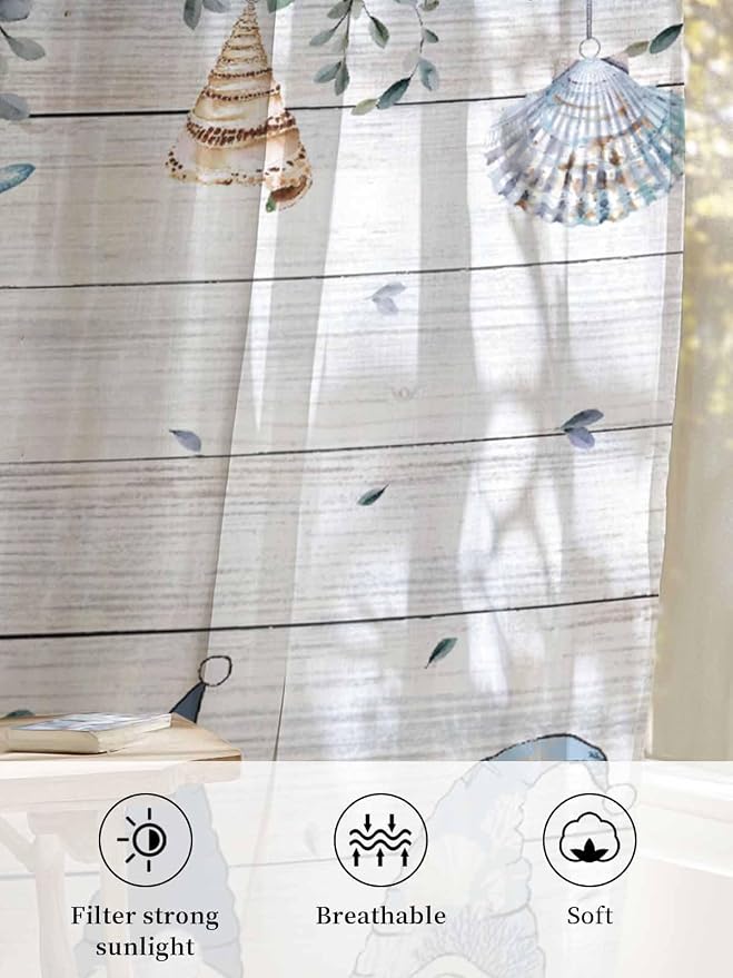 Sheer Curtains 96 Inches Long, Coastal Eucalyptus Leaf Semi Sheer Curtains