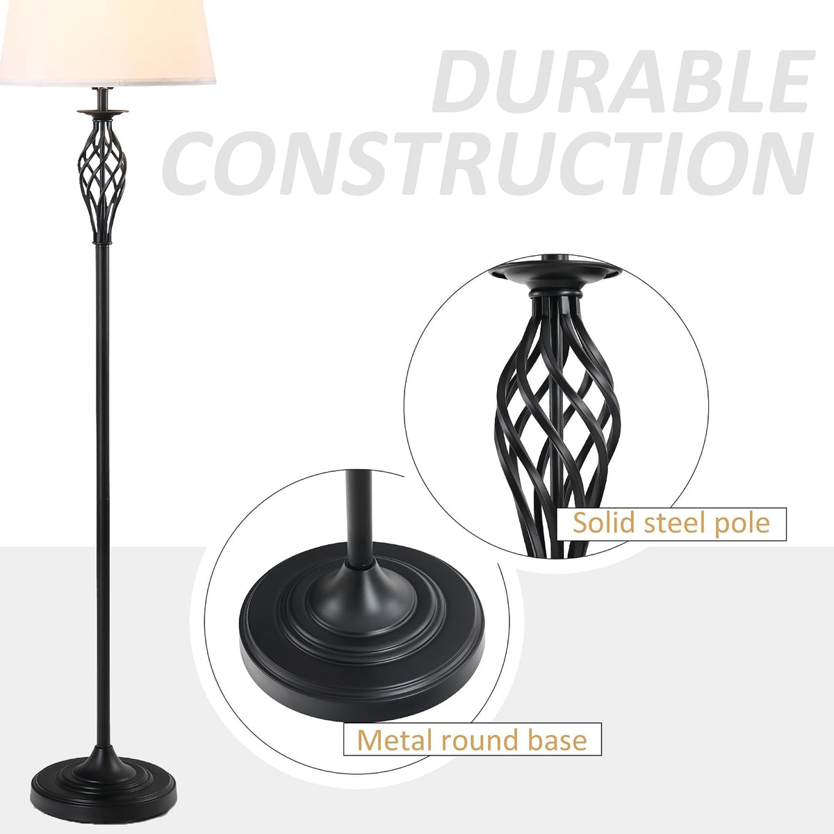 HOMCOM 3 Piece Table Floor Lamp Set with Metal Pole Round Base Black/White
