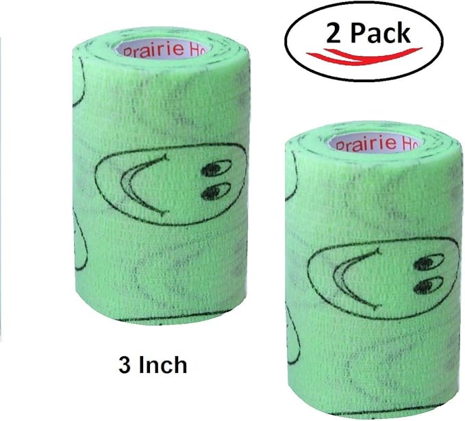 Vet Wrap Wrap Tape (Green with Smiles Pattern) (2 Pack) (3 Inch x 15 feet) Self Adhesive Adherent Adhering Cohesive Flex Self Stick Bandage Grip Roll Dog Cat Pet Horse