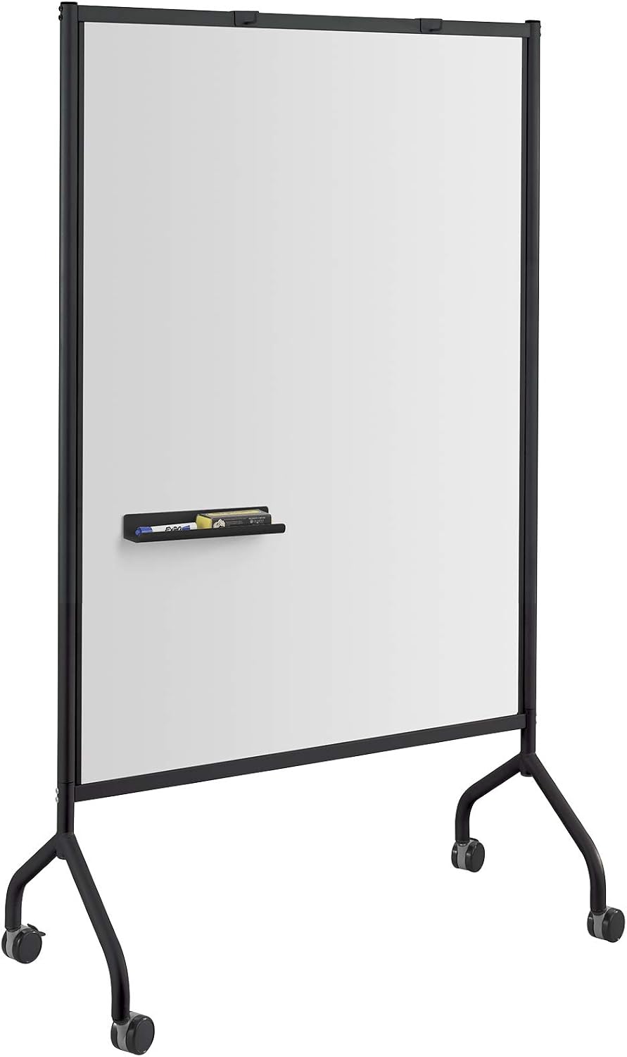 Safco Products Impromptu Full Collaboration Whiteboard Screen 8511BL, Black, 42"W x 72"H, Double-Sided Magnetic Dry Erase Board, Commercial-Grade Steel Frame, Swivel Wheels, Accessory Shelf