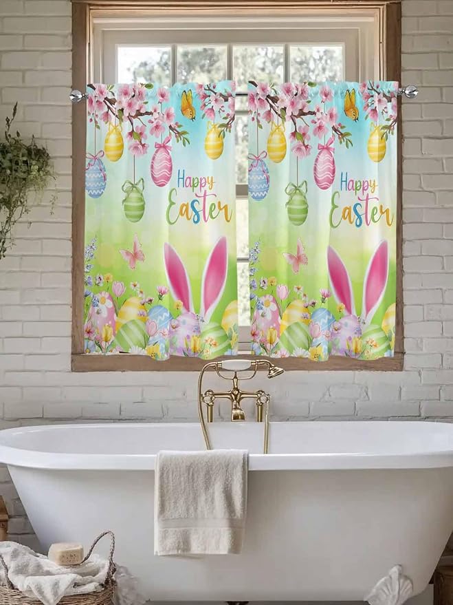 Easter Tier Curtains 45 Inches Long, Spring Bunny Colorful Rabbit Eggs