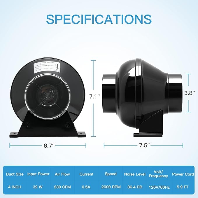 iPower 4 Inch 195 CFM Inline Fan Circulation Vent Blower, Upgrade 4" Air Carbon
