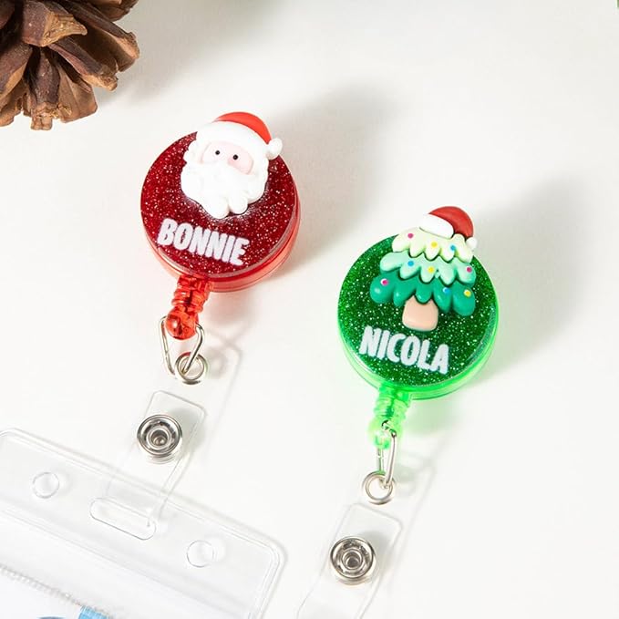 callie Personalized Christmas Badge Reel - Custom Name, Christmas Nurse ID Badge Holder Retractable with Alligator Clip, Cute Snowman Santa Elk Bell, Gifts for Nurse RN CNA Doctor