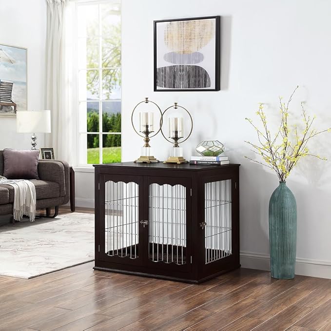 unipaws 36 Inch Furniture Style Dog Crate End Table with Cushion, Wooden Wire Pet Kennels with Double Doors, Large Dog House Indoor Use