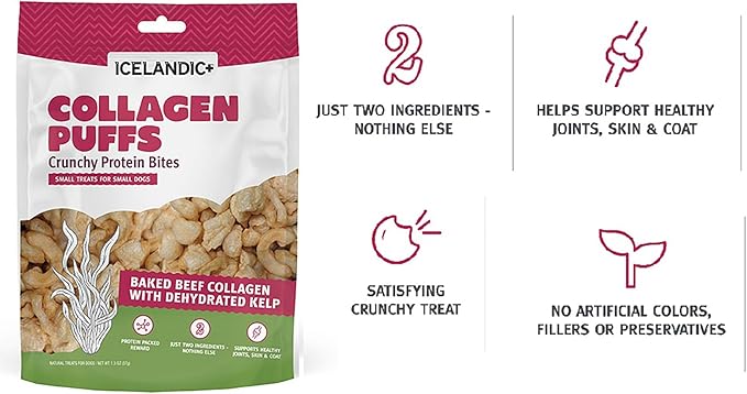 Icelandic+ Collagen Puffs: Baked Beef Collagen with Dehydrated Kelp 1.3oz - Small Dog Treats, Crunchy Protein Bites (Pack of 2)