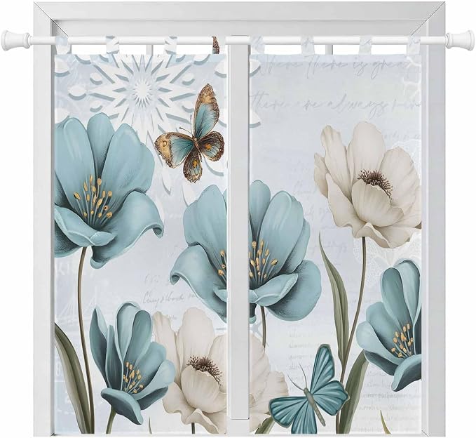 Blue Tulips Living Room Curtains 84 Inch Length, Window Curtains Tab Top