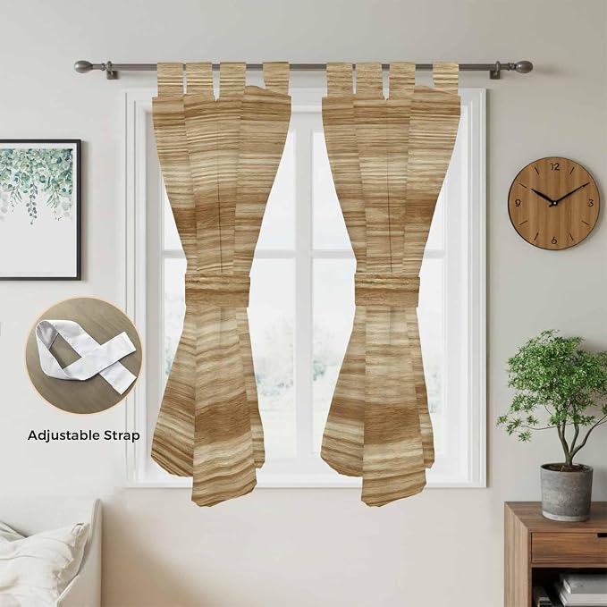 Light Brown Wood Grain Bedroom Curtains 72 Inch Length, Window Curtains Tab Top