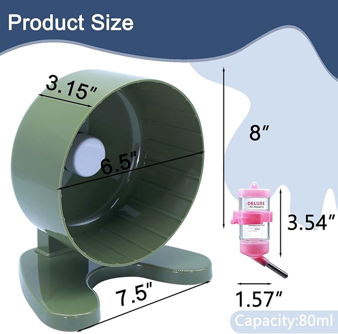 6.5" Super Silent Hamster Wheel with Stand & Water Bottle – Ultra Quiet Exercise Running Wheel for Gerbils, Syrian & Dwarf Hamsters, Chinchillas, Small Pets – Noiseless Spinning Design,Green