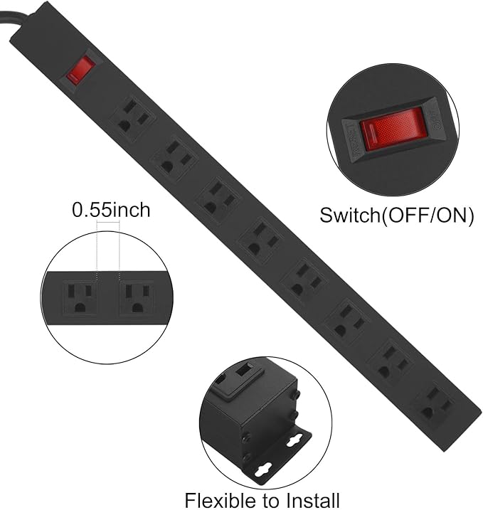 Metal 8 Outlet Mountable Power Strip, Wall Mount Outlet Heavy Duty, Wide Spaced Commercial Shop Power Strip with Switch, 15A 125V 1875W, 15 FT SJT 14AWG Power Cord (15FT)