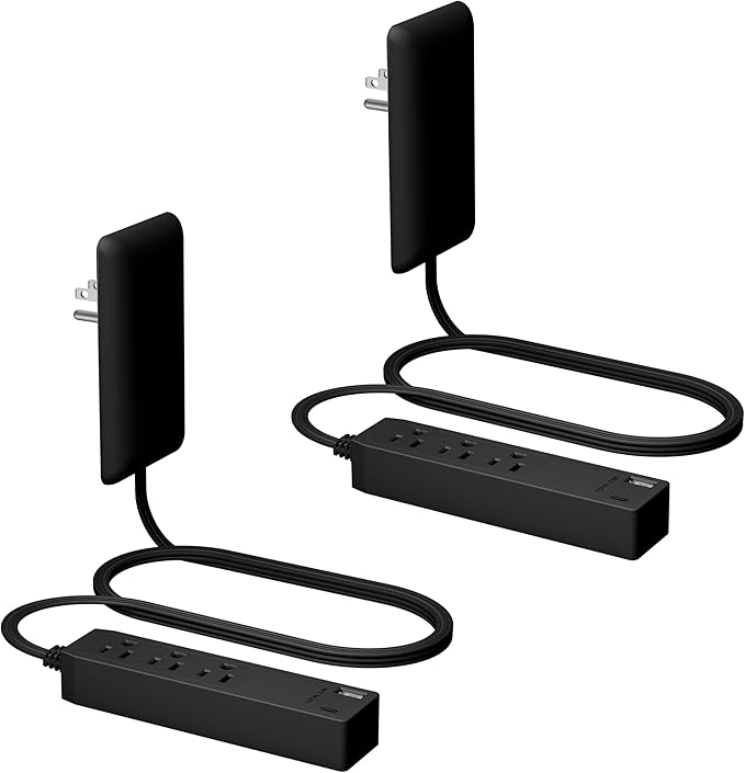 LIDER Outlet Extender with 3 Receptacles, 12W USB Type-A, and USB Type-C, USB Port, Ultra-Thin Wall Plate Plug with Cord Extender, 3-Outlet Power Strip, Flat-Face, 3ft Cord, ETL-Listed, Black, 2 Pack
