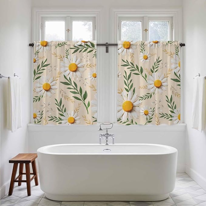 Spring Daisy Kitchen Curtains, Country Watercolor Flower Leaf Plant Light
