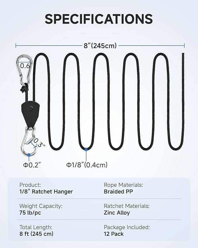 Fondwell 1/8" Adjustable Grow Light Hangers: 12 Pack of Ratchet Rope Tie Downs - Small Ratchet Straps for Various Hanging and Strapping