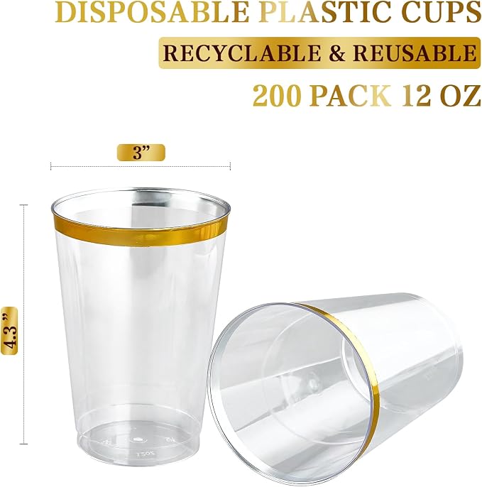 FOCUSLINE 200 Pack 12 oz Gold Rimmed Plastic Cups, Heavy-duty & Fancy