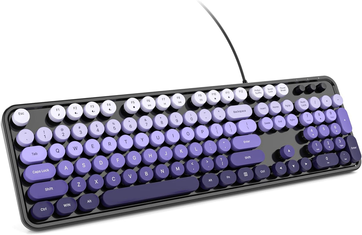 KNOWSQT Wired Computer Keyboard - Blackpurple Colorful Retro Full Size Round Keycaps Plug and Play Typewriter Cute Keyboards for Windows, Laptop, PC, Desktop, Computer