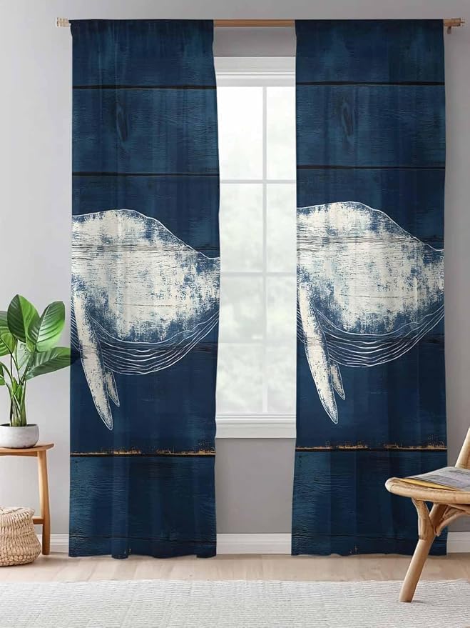 Sheer Curtains 108 Inches Long, Summer Whale Semi Sheer Curtains Light