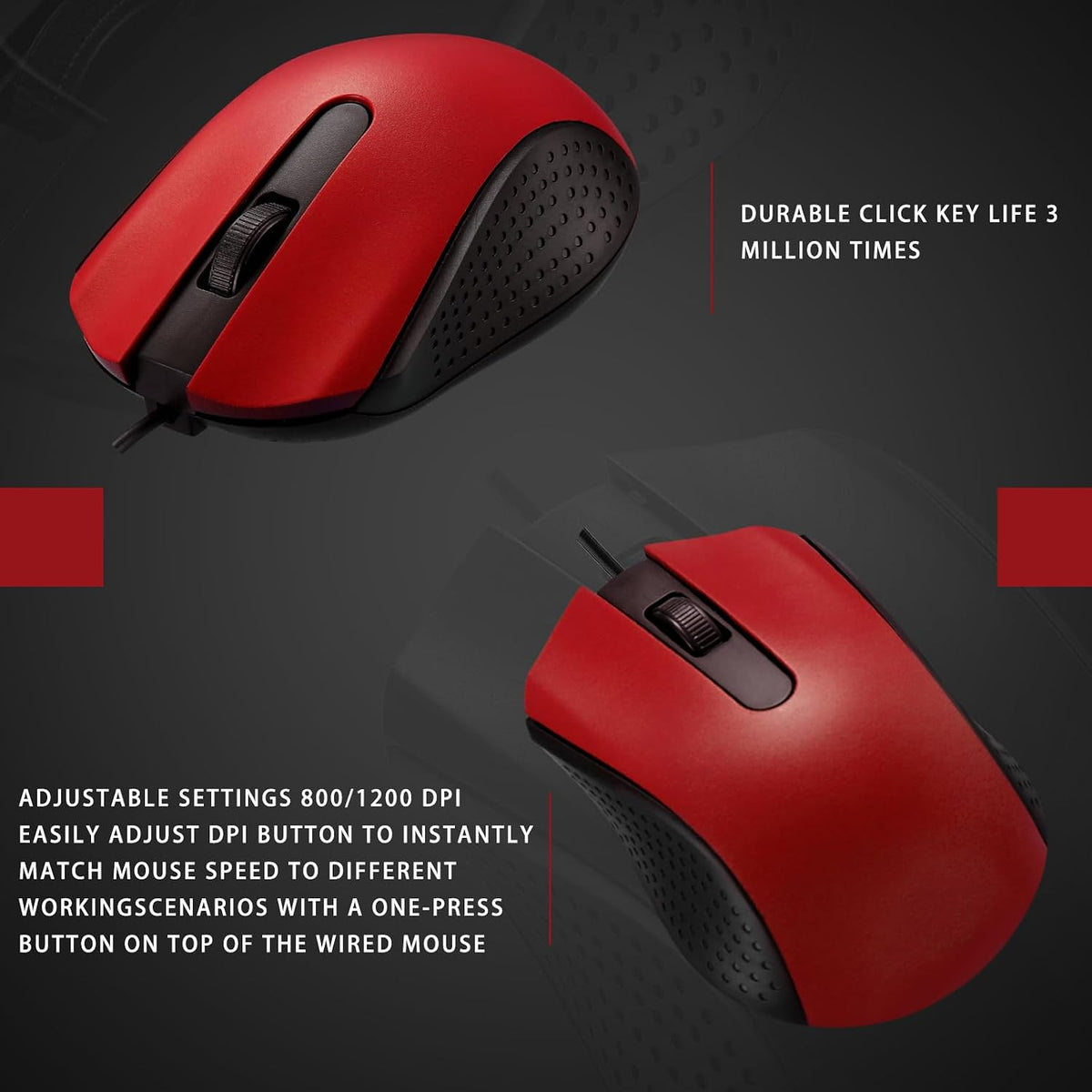 Bonuci 30 Pack Computer USB Wired Mouse Bulk 3 Button 800/1200 DPI Red