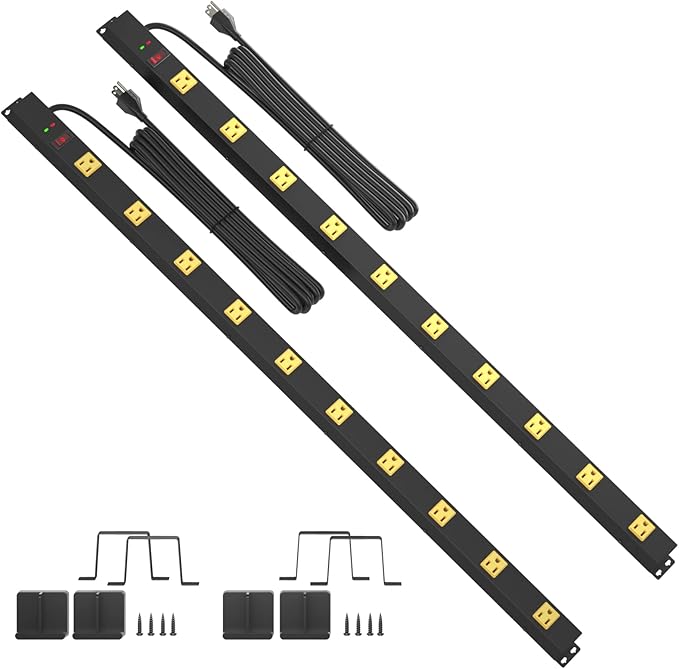 10 Outlet Surge Protector, Long Metal Wide Spaced Garage Industrial Power Strip, Heavy Duty with 6 FT Cord, 15A, 125V, 1875W, 2700 Joules, 2Pack, SGS Listed