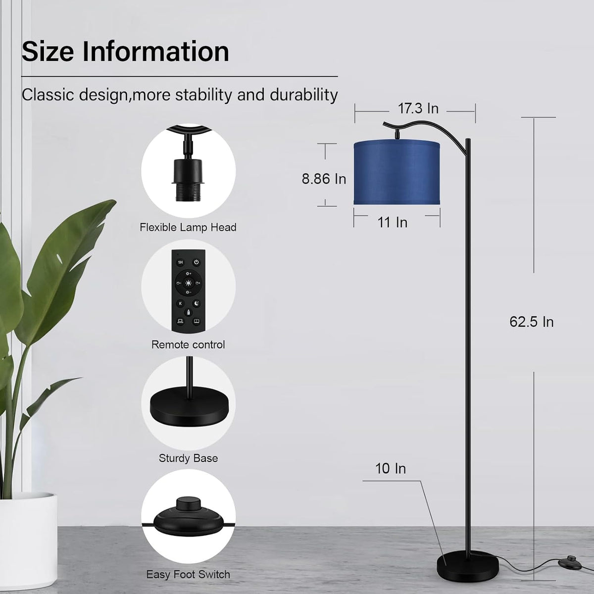 BoostArea Floor Lamp for Living Room,Arc Floor Lamp with Remote Control,Stepless Dimmable Brightness & Colors Temperature 2700k-6500k,Modern Standing Lamp for Bedroom Study Room Office,Blue