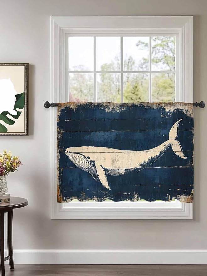 Sheer Curtains 54 Inch Length, Ocean Whale Blue Semi Sheer Curtains Light