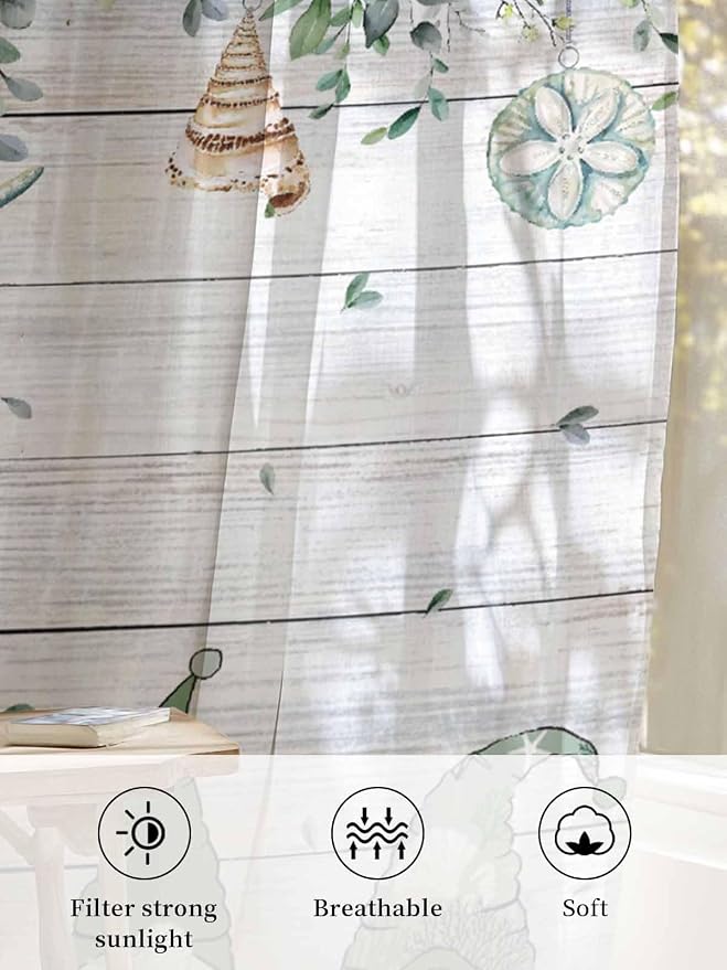 Sheer Curtains 45 Inch Length, Coastal Eucalyptus Leaf Semi Sheer Curtains
