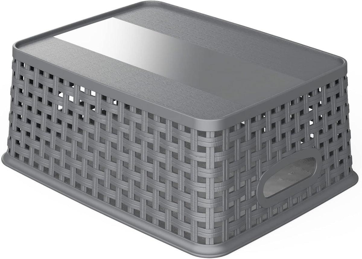 WYT 12-Pack Plastic Small Shelf Storage Weave Baskets for Organizing, Grey