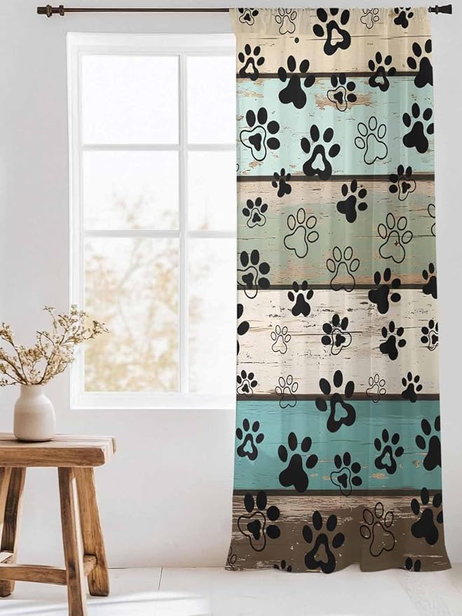 Sheer Curtains 108 Inches Long, Sage Green Brown Paw Prints Semi Sheer Curtains