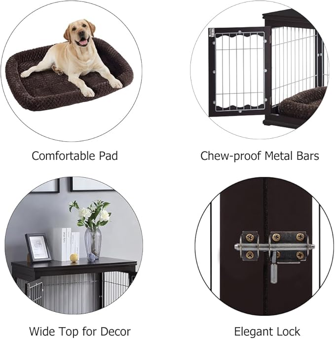 unipaws 36 Inch Furniture Style Dog Crate End Table with Cushion, Wooden Wire Pet Kennels with Double Doors, Large Dog House Indoor Use
