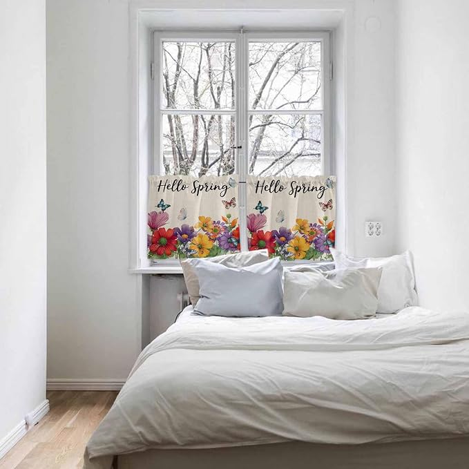 Spring Flowers Half Window Curtains 24 Inches Long, Farmhouse Vintage Country