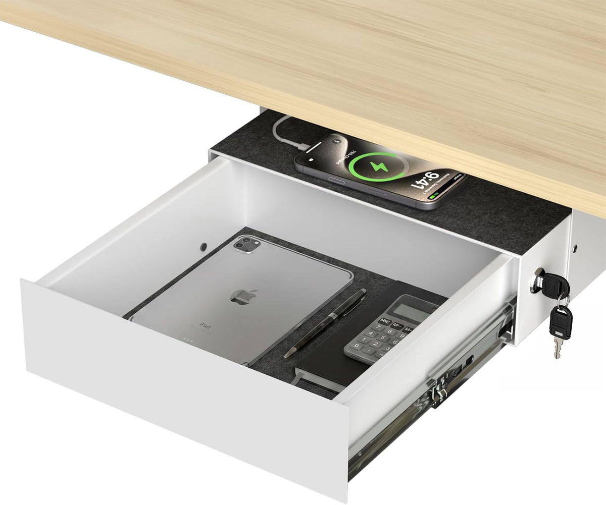 Under Desk Drawer with Lock, 13 Inch Slide-Out Metal Storage Drawer with Bracket, Drawer Organizer with Cable Management for Home Office & Standing Desk, White