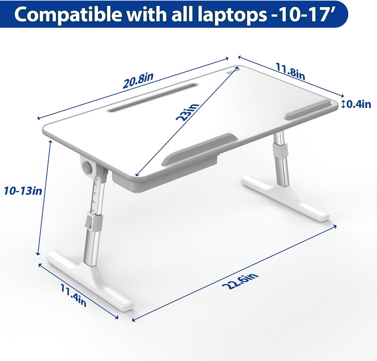 Besign LT05 Adjustable Laptop Table, Lap Desk, Portable Standing Bed Desk, Foldable Sofa Breakfast Tray, Notebook Computer Stand for Reading and Writing, Medium Size, White