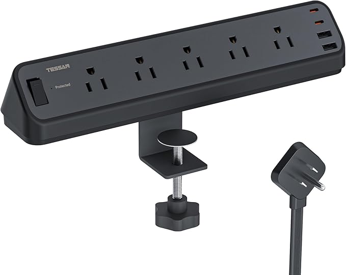 Desk Clamp Power Strip Black, TESSAN 6 Ft Flat Plug Extension Cord with Multiple Outlets, 5 Outlets with 4 USB (2 USB C), 2100J Surge Protector Power Strip, Office Home Dorm Gaming Room Essentials