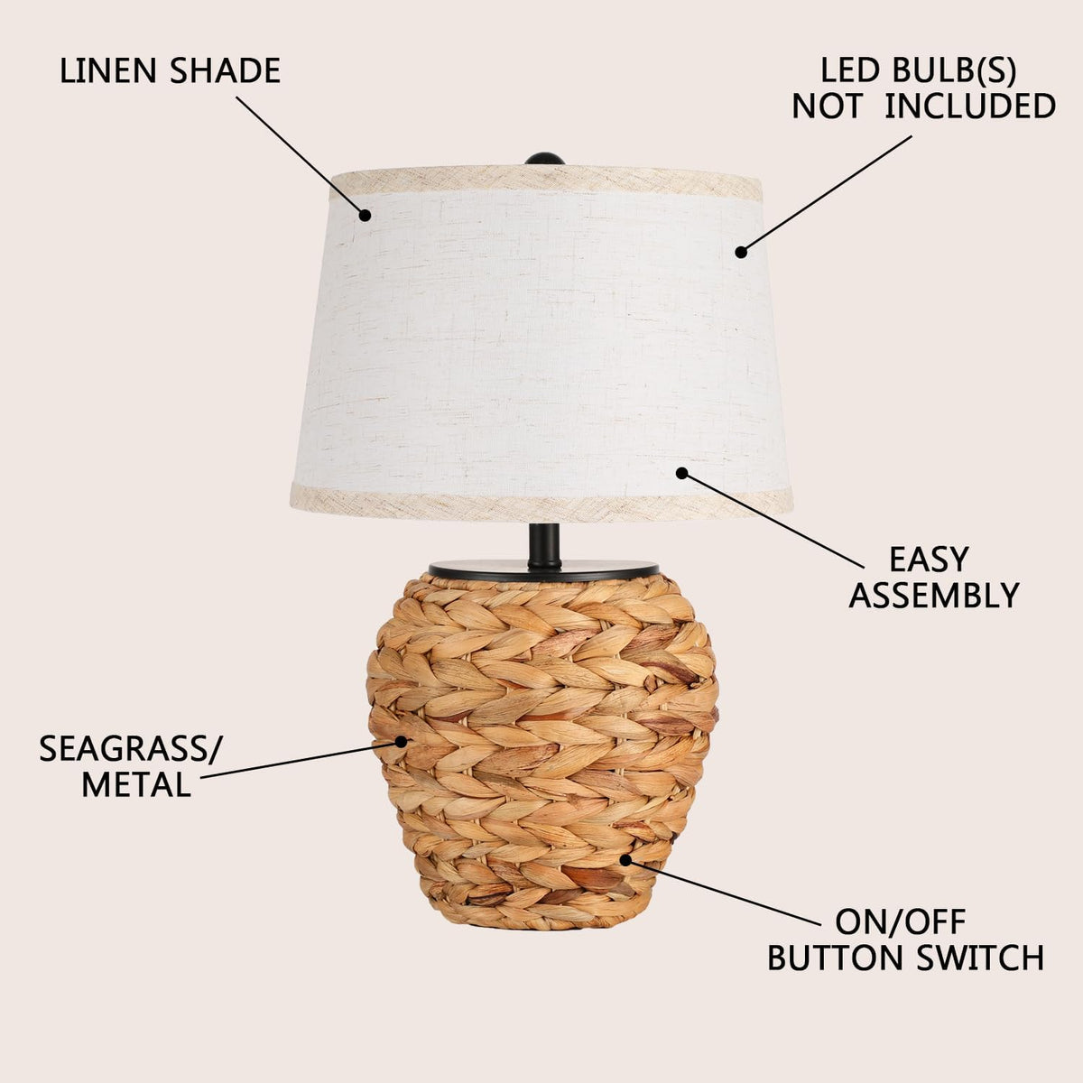 SOTTAE 15.3" Woven Natural Rattan Table Lamp with Linen Shade, Boho Bedside Lamp for Bedroom, Hand-Woven Rustic Farmhouse Desk Lamp for Living Room, Coastal Accent Lighting for Home Office